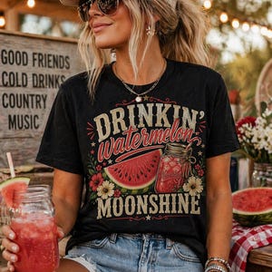 Maglietta con scritta "Drinking Watermelon Moonshine", maglietta per concerto country