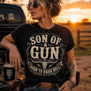 Son of a Gun Born to Raise Hell Tシャツ、素朴なウエスタンシャツ、カントリーコンサート衣装