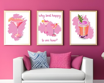 Barbiecore digital downloadable wall art, hot pink barbie themed cocktail wall art, digital Barbie decor, download and print girly wall art