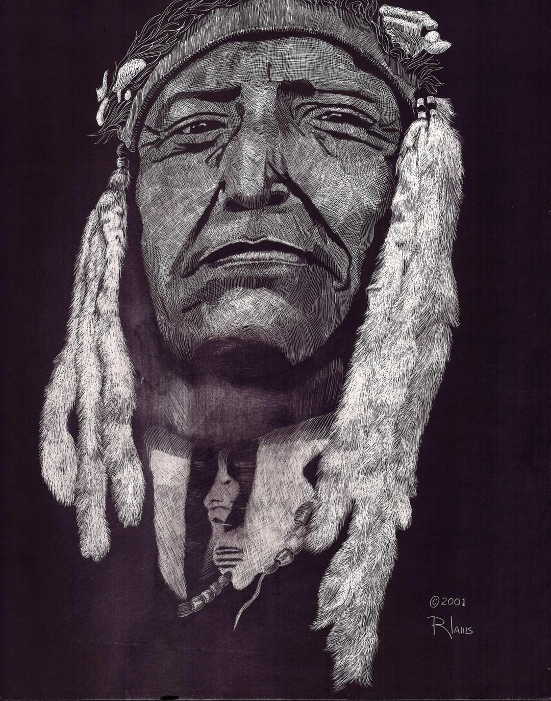 Scratchboard Portrait of Two Moon cheyenne 18471917 Etsy