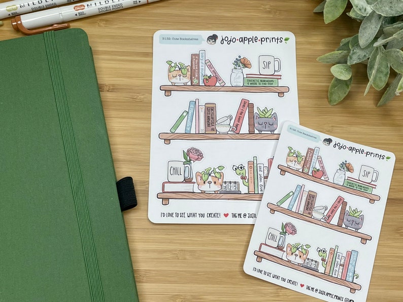 Cute Bookshelf Planner Stickers Hand Drawn, Handmade Journaling, Scrapbooking, Bullet Journal B132, B,133, R129, R130 image 2