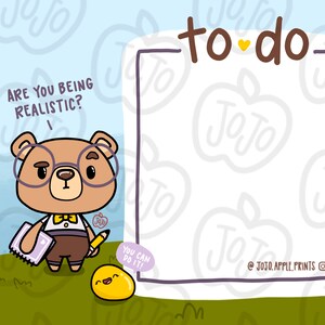 Puede incluir: Un imprimible de lista de tareas con un lindo oso de dibujos animados que lleva gafas y una corbata de mo&ntilde;o. El oso sostiene un l&aacute;piz y una libreta. El texto "&iquest;Est&aacute;s siendo realista?" est&aacute; sobre el oso. El texto "to do" est&aacute; en la parte superior de la lista. El texto "&iexcl;Puedes hacerlo!" est&aacute; debajo del oso. El texto "@JOJO.APPLE.PRINTS" est&aacute; en la parte inferior de la lista.