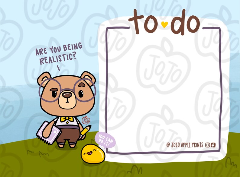 Puede incluir: Un imprimible de lista de tareas con un lindo oso de dibujos animados que lleva gafas y una corbata de mo&ntilde;o. El oso sostiene un l&aacute;piz y una libreta. El texto "&iquest;Est&aacute;s siendo realista?" est&aacute; sobre el oso. El texto "to do" est&aacute; en la parte superior de la lista. El texto "&iexcl;Puedes hacerlo!" est&aacute; debajo del oso. El texto "@JOJO.APPLE.PRINTS" est&aacute; en la parte inferior de la lista.