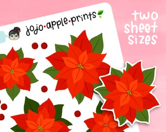 Poinsettia Floral Stickers | Decorative Stickers for Planner, Card-making, Bullet Journal | Hand Drawn, Original Art, Handmade (B215, R210)