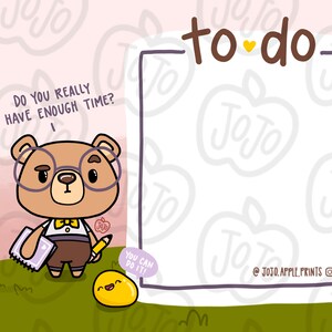 Puede incluir: Una lista de tareas imprimible con un oso de dibujos animados que lleva gafas y una pajarita. El texto "&iquest;De verdad tienes suficiente tiempo?" est&aacute; encima del oso. El texto "&iexcl;Puedes hacerlo!" est&aacute; debajo del oso. El texto "to do" est&aacute; en la parte superior de la lista. La lista est&aacute; rodeada por un borde negro. El fondo es rosa con un patr&oacute;n de manzanas.