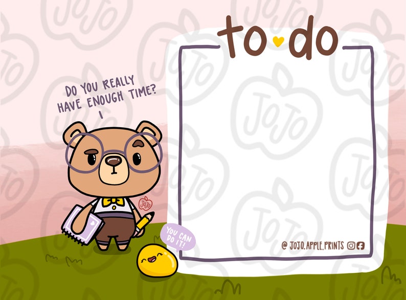 Puede incluir: Una lista de tareas imprimible con un oso de dibujos animados que lleva gafas y una pajarita. El texto "&iquest;De verdad tienes suficiente tiempo?" est&aacute; encima del oso. El texto "&iexcl;Puedes hacerlo!" est&aacute; debajo del oso. El texto "to do" est&aacute; en la parte superior de la lista. La lista est&aacute; rodeada por un borde negro. El fondo es rosa con un patr&oacute;n de manzanas.