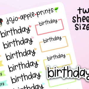 May include: A sticker sheet featuring the text jojo apple prints and multiple instances of the word birthday in a black handwritten font. The sheet includes various colorful flag-shaped labels with the text b-day and rectangular outlines.