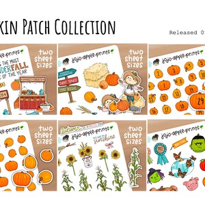 Op de afbeelding: Een collectie van zes stickervellen getiteld Pumpkin Patch Collection, uitgebracht op 09.23.2022. De vellen bevatten kleurrijke illustraties van pompoenen, zonnebloemen, ma&iuml;sstengels, vogelverschrikkers, Halloween-figuren en kalenderdatummarkeringen.