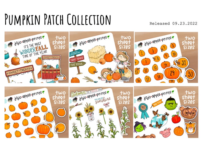 Op de afbeelding: Een collectie van zes stickervellen getiteld Pumpkin Patch Collection, uitgebracht op 09.23.2022. De vellen bevatten kleurrijke illustraties van pompoenen, zonnebloemen, ma&iuml;sstengels, vogelverschrikkers, Halloween-figuren en kalenderdatummarkeringen.