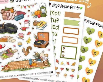 Pegatinas de picnic otoñal en la granja de manzanas / Dibujo a mano, arte original (B256, B257, R262, R263, R264)