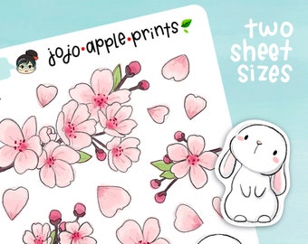 Cherry Blossom Bunny Stickers | Spring Floral Stickers | Decorative Planner Stickers | Hand Drawn, Original Art, Handmade (B219, R21)