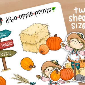 Op de afbeelding: Een digitaal stickervel met herfstillustraties, waaronder een houten wegwijzer met de tekst Pumpkin Decorating, Sweet Treats en Hay Ride, hooibalen, oranje pompoenen, korenaren en twee vogelverschrikkers met hoeden en geruite shirts.