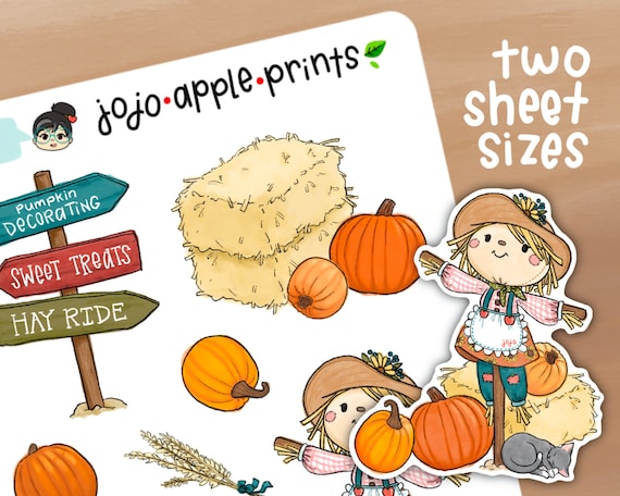 Cute Pumpkin Patch Scarecrow Planner Stickers - Hand Drawn, Handmade, Original Artwork - Journaling, Bujo (B152, R146)