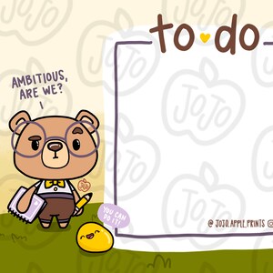 Puede incluir: Una lista de tareas imprimible con un oso de dibujos animados que lleva gafas y una pajarita. El oso sostiene un l&aacute;piz y una libreta. El texto "Ambicioso, &iquest;verdad?" est&aacute; por encima del oso. El texto "&iexcl;Puedes hacerlo!" est&aacute; debajo del oso. El texto "to do" est&aacute; en un cuadro blanco con un coraz&oacute;n amarillo. El fondo es de color amarillo claro con un patr&oacute;n de manzanas.