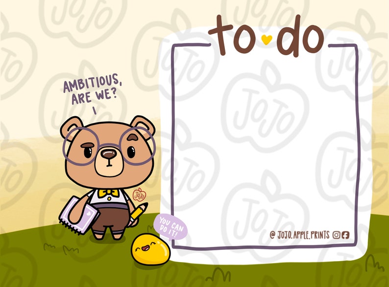 Puede incluir: Una lista de tareas imprimible con un oso de dibujos animados que lleva gafas y una pajarita. El oso sostiene un l&aacute;piz y una libreta. El texto "Ambicioso, &iquest;verdad?" est&aacute; por encima del oso. El texto "&iexcl;Puedes hacerlo!" est&aacute; debajo del oso. El texto "to do" est&aacute; en un cuadro blanco con un coraz&oacute;n amarillo. El fondo es de color amarillo claro con un patr&oacute;n de manzanas.