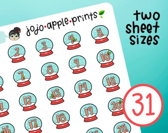 Calendar & Countdown - Snow Globe Christmas Planner Stickers - Hand Drawn, Handmade (B165, R157)