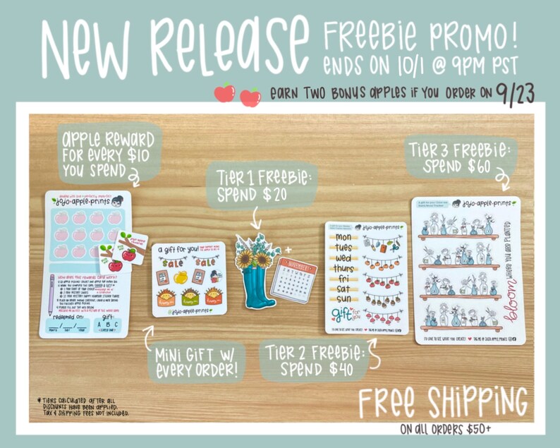 Op de afbeelding: Een verzameling stickervellen en losse stickers met diverse illustraties, waaronder zonnebloemen in laarzen, een kalender, dagen van de week en potplanten. De tekst bevat New Release, Freebie Promo en verschillende bestedingsniveaus.