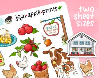 Apple Farm Planner Stickers | Apple Picking, Chickens, Cows, Farmhouse Decorative Stickers | Hand Drawn, Original Art, Handmade (B201, R196)