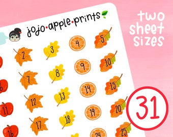 Cozy Autumn Calendar Stickers | Fall Countdown Tracker Stickers | Hand Drawn, Original Art, Handmade | Monthly Sticker Kit (B208, R203)