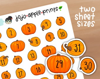 Pumpkin Calendar Countdown Planner Stickers - Hand Drawn, Handmade, Original Artwork - Fall Autumn Dates (B154, R148)