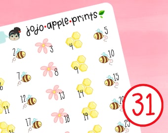 Honeybee Calendar Stickers | Countdown Tracker | Hand Drawn, Original Art, Handmade | Spring Sticker Kit (R218)