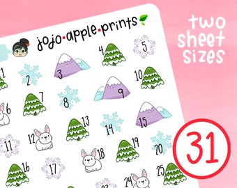 Könnte beinhalten: Ein Aufkleberbogen mit winterlichen Illustrationen, darunter violette Berge, grüne Tannenbäume, weiße Kaninchen und hellblaue Schneeflocken. Der Text jojo-apple-prints und two sheet sizes 31 sind auf dem weißen Hintergrund zu sehen.