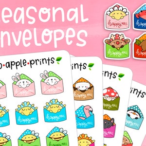 Happy Mail Friends Cute Seasonal Character Stickers Planner, Bullet Journal Hand Drawn, Handmade R211, R212, R213, R214 image 1