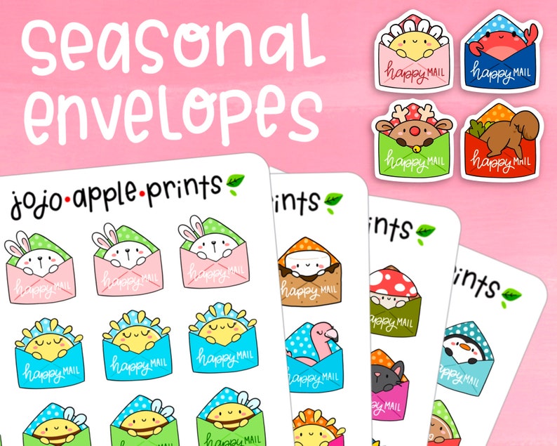 Happy Mail Friends Cute Seasonal Character Stickers Planner, Bullet Journal Hand Drawn, Handmade R211, R212, R213, R214 image 1