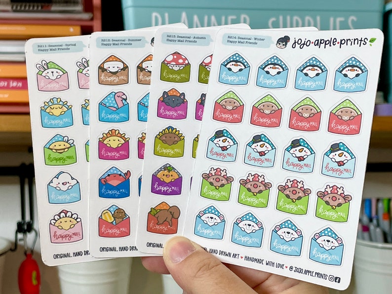 Happy Mail Friends Cute Seasonal Character Stickers Planner, Bullet Journal Hand Drawn, Handmade R211, R212, R213, R214 image 2