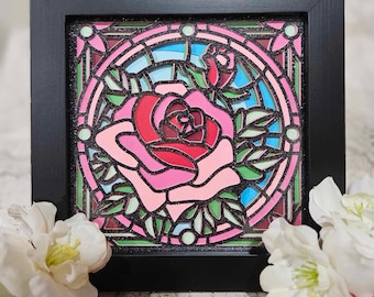 3D Stained Glass Rose Mini Shadow Box Frame Teacher Gift Mens Gift Womens Gift Boy Gift Girl Gift Valentine's Gift