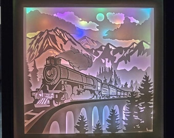 Train LED Lightbox Wall Art & Shelf Decor – Handmade Shadow Box Lamp, Unique Valentine Gift