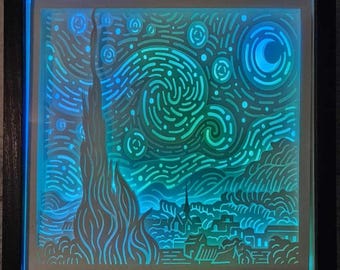 Van Gogh Starry Night USB Accent Lamp | Shadow Box Wall Art and Shelf Decor