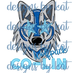 May include: A gray wolf with blue glitter stars for eyes. The wolf's mouth is open and it has a blue and gray striped pattern on its face. The text "Wolfpack" is written in blue below the wolf's face. The text "COLIN" is written in blue below the wolf's face. The text "designs by kat" is written in blue at the top and bottom of the image.