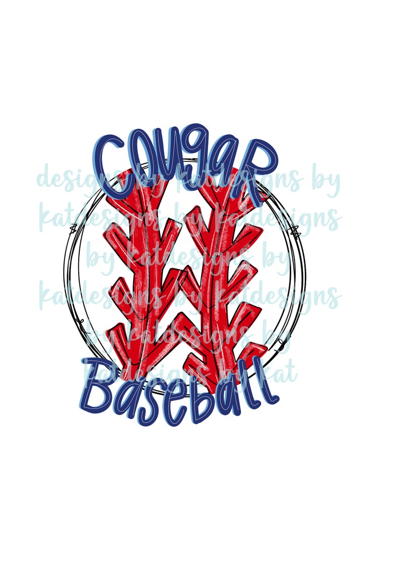 Pu&ograve; includere: Grafica da baseball rossa e bianca con la parola "Cougar" in blu sopra e "Baseball" in blu sotto.