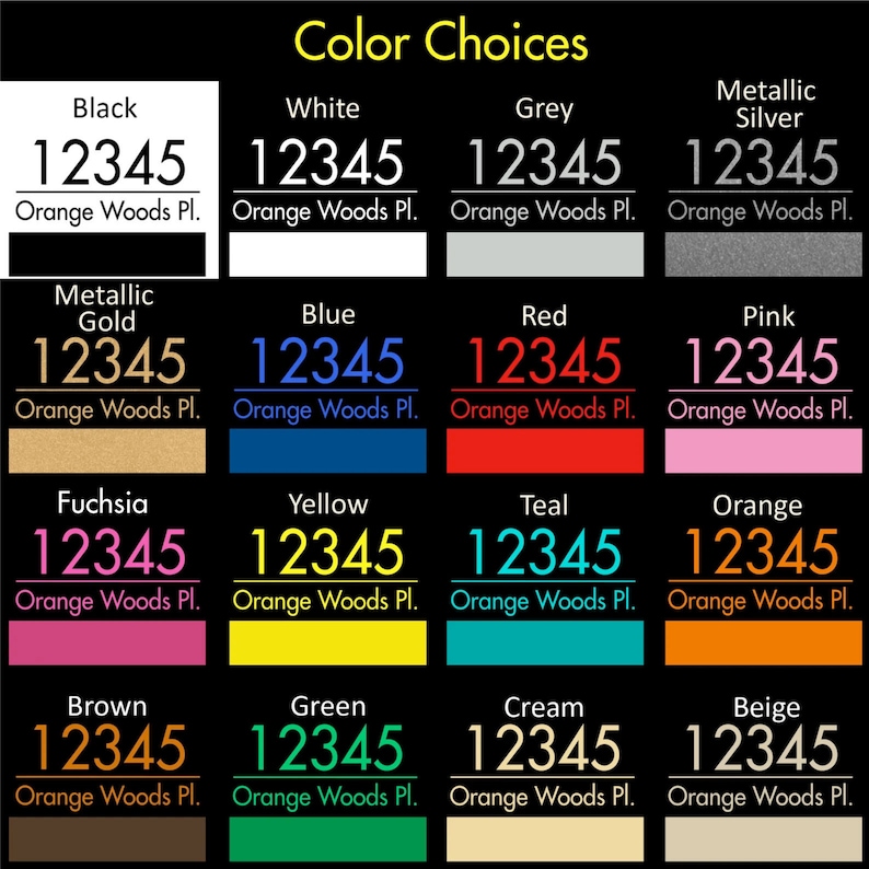 A picture displaying the a decal sample for each color option of the decals available, which are, black, white, grey, metallic silver, metallic gold. Blue, red, pink, fuchsia, yellow, teal, orange, brown, green, cream, and beige.