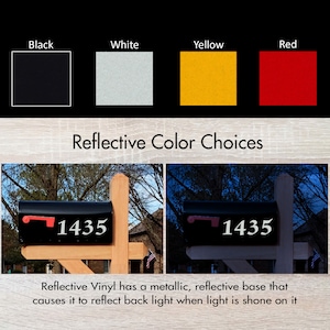 May include: Two images of a mailbox with the number 1435 on it. The mailbox is black with a red flag. The first image shows the mailbox in daylight, the second image shows the mailbox at night. The text below the images reads "Reflective Vinyl has a metallic, reflective base that causes it to reflect back light when light is shone on it".