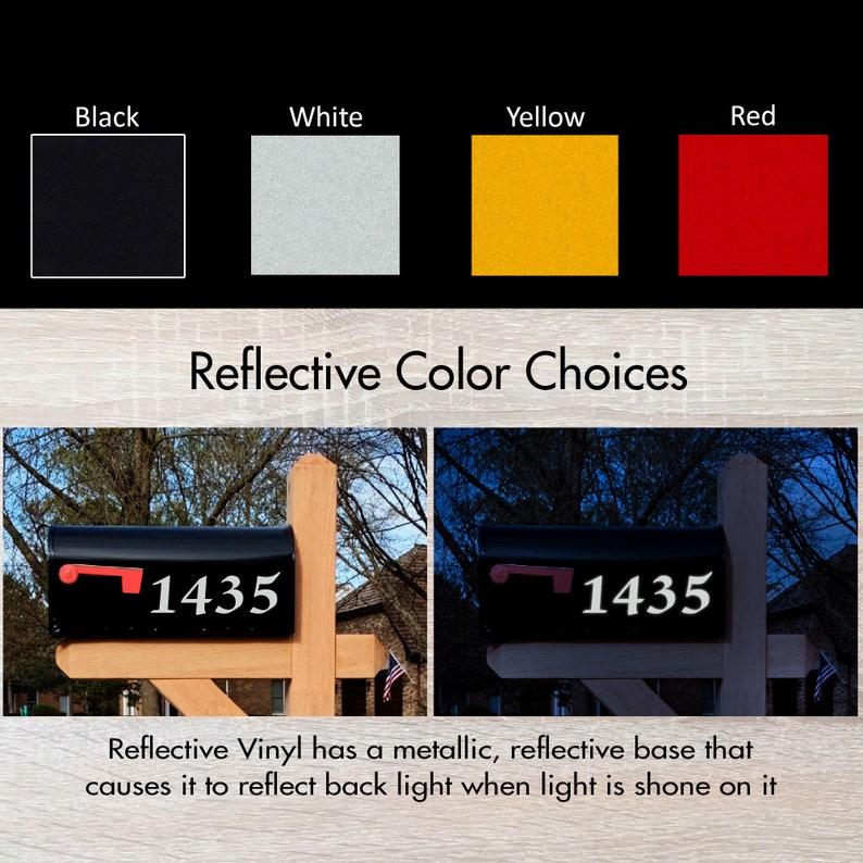 May include: Two images of a mailbox with the number 1435 on it. The mailbox is black with a red flag. The first image shows the mailbox in daylight, the second image shows the mailbox at night. The text below the images reads "Reflective Vinyl has a metallic, reflective base that causes it to reflect back light when light is shone on it".
