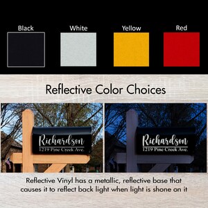 May include: Image showcasing reflective color options for a mailbox. The options include black, white, yellow, and red. The mailbox displays the name "Richardson" and address "1219 Pine Creek Ave." The text explains the reflective vinyl's metallic base.