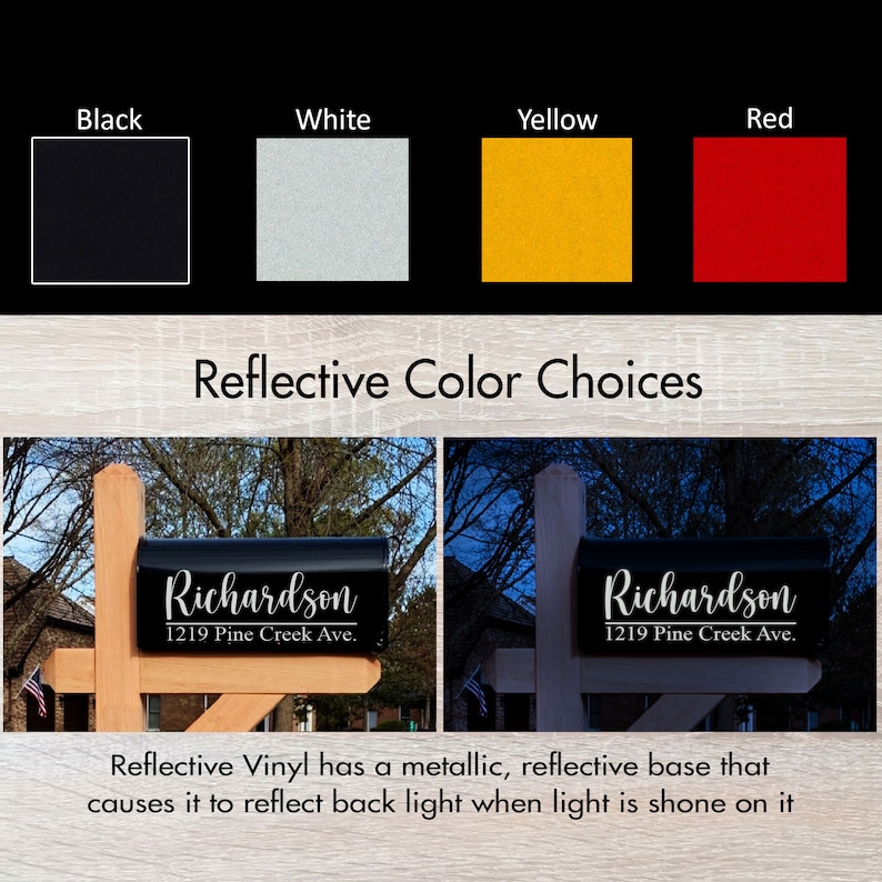 May include: Image showcasing reflective color options for a mailbox. The options include black, white, yellow, and red. The mailbox displays the name "Richardson" and address "1219 Pine Creek Ave." The text explains the reflective vinyl's metallic base.
