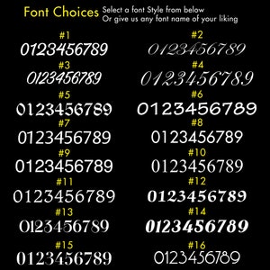 May include: A black background with 16 different font styles displayed in white. Each font style is numbered 1 through 16 and shows the numbers 0123456789.