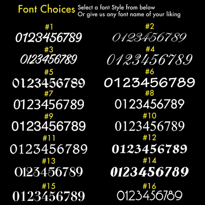 May include: A black background with 16 different font styles displayed in white. Each font style is numbered 1 through 16 and shows the numbers 0123456789.