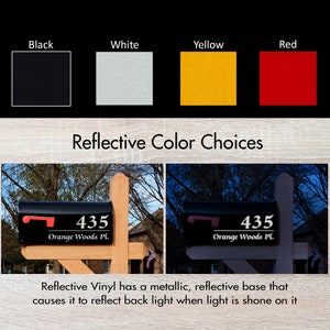 A mailbox showing how a white reflective decal lights up during night time, the decal is easier to see and shines when light reflect on it. The color options are black, white, yellow and red reflective.