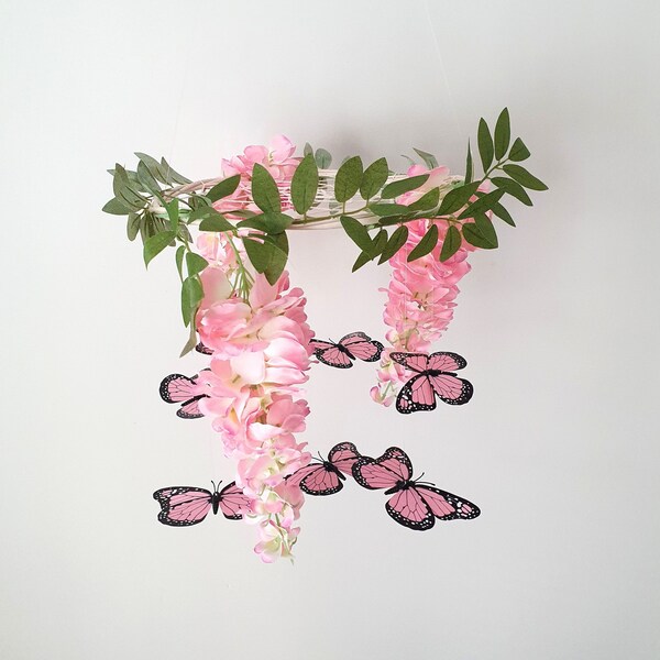 Pink Butterfly Mobile, Pink Baby mobile, Butterfly Baby Mobile, Wisteria Flower Mobile, Butterfly Mobile, Mobile Nursery, Flower Mobile