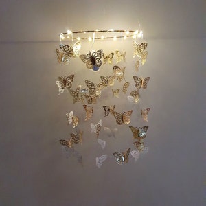 Butterfly Mobile with Led Lights, Gold Crib Mobile, Sparkle Crib Mobile, Butterfly Chandelier, Paper Chandelier, Gold Butterfly Baby Mobile