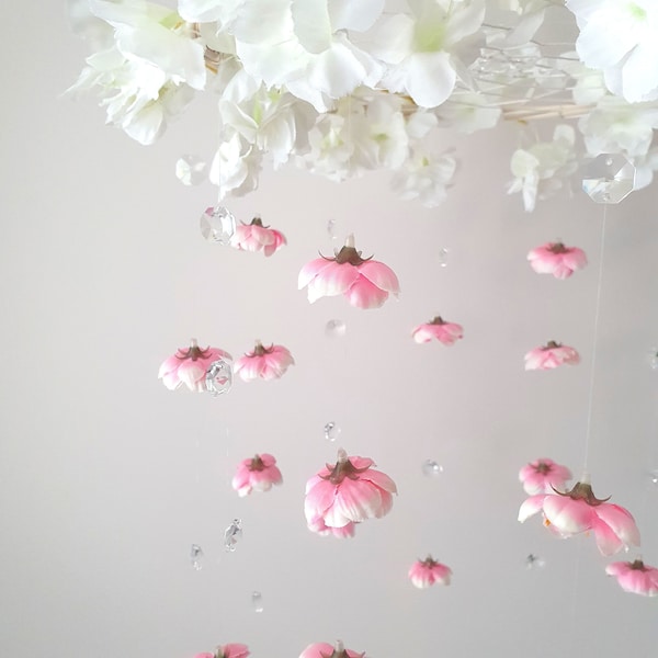 Cherry Blossom Crib Mobile, Flower Blossom Mobile, Crib Chandelier, Nursery Chandelier, Fairy Mobile, sakura Mobile, Crystal Mobile