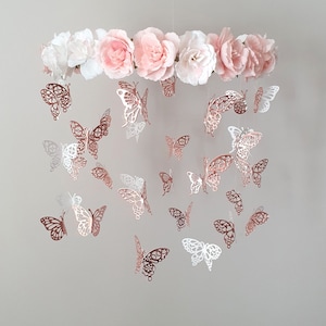 Rose Gold Butterfly Mobile, Butterfly Crib Mobile, Butterfly Baby Mobile, Blush Floral Mobile, Butterfly Crib Mobile, Crystal Mobile
