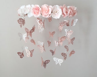 Rose Gold Butterfly Mobile, Butterfly Crib Mobile, Butterfly Baby Mobile, Blush Floral Mobile, Butterfly Crib Mobile, Crystal Mobile