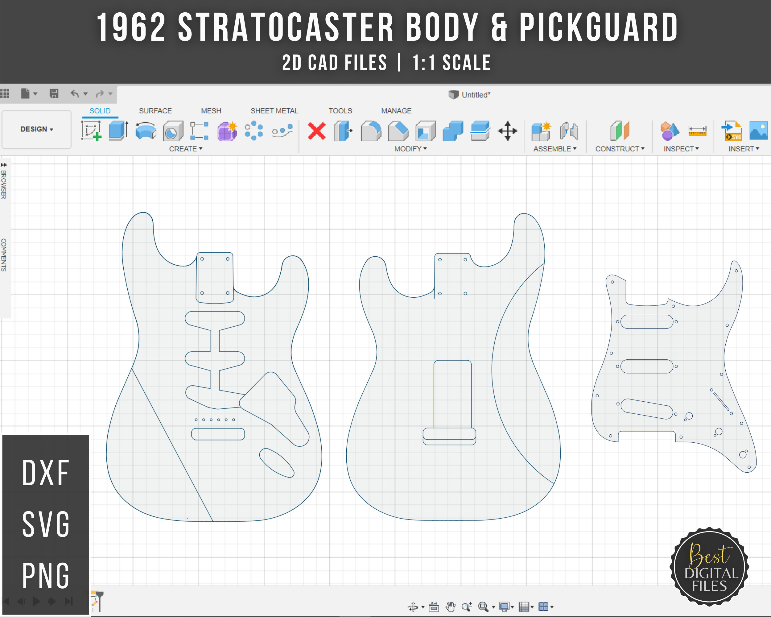 1962 Stratocaster Body & Pickguard 2D CAD Files Dxf Dwg Svg Png Ai