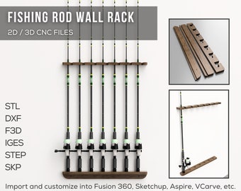 Fishing Rod Wall Rack 2D / 3D CNC Files | stl step f3d skp iges dxf |  Instant Download | Fishing Accessories | CNC Woodworking | 3D Printing