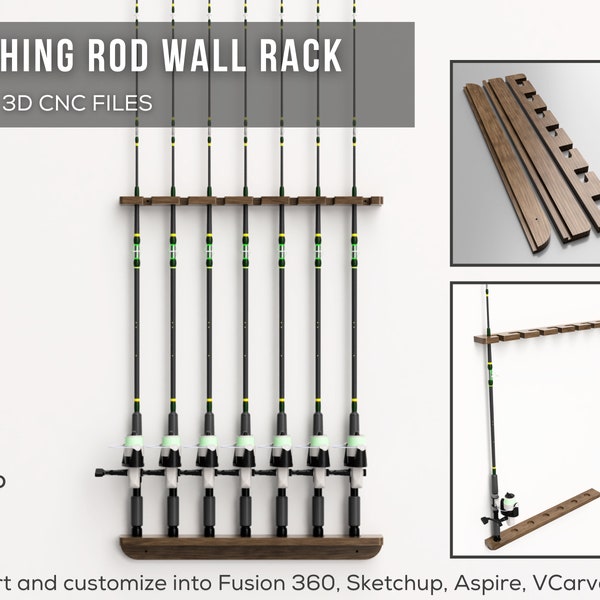 Fishing Rod Wall Rack 2D / 3D CNC Files | stl step f3d skp iges dxf | Instant Download | Fishing Accessories | CNC Woodworking | 3D Printing